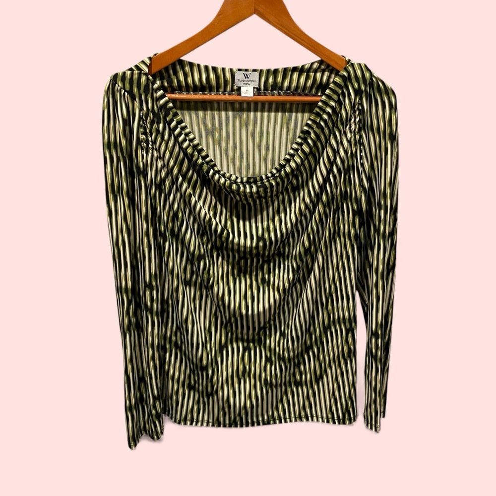 Slinky olive snake cowl neck stretchy top Worthington geometric flowy Y2K
